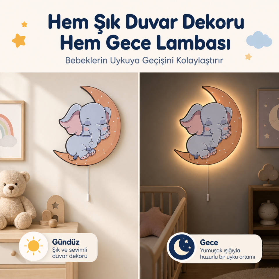 Uykucu Fil Ay Temalı Bebek ve Çocuk Odası LED Duvar Lambası