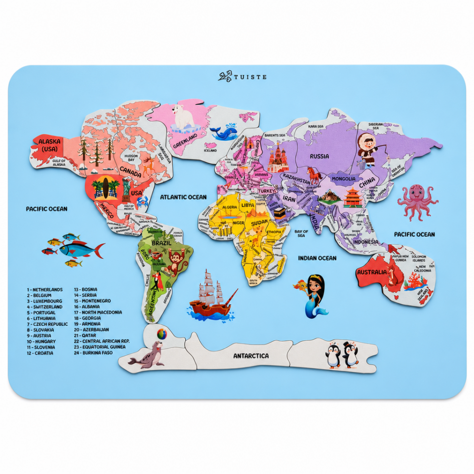 Eğitici Ahşap Dünya Haritası Puzzle - Ülkeler ve Kıtalar Coğrafya Yapbozu