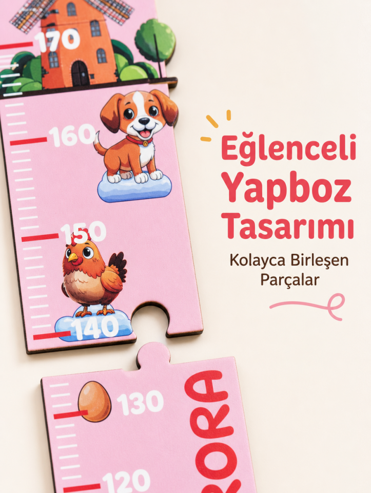Kişiye Özel İsimli Ahşap Çocuk Boy Ölçer - Çiftlik Temalı - Cm Ölçü