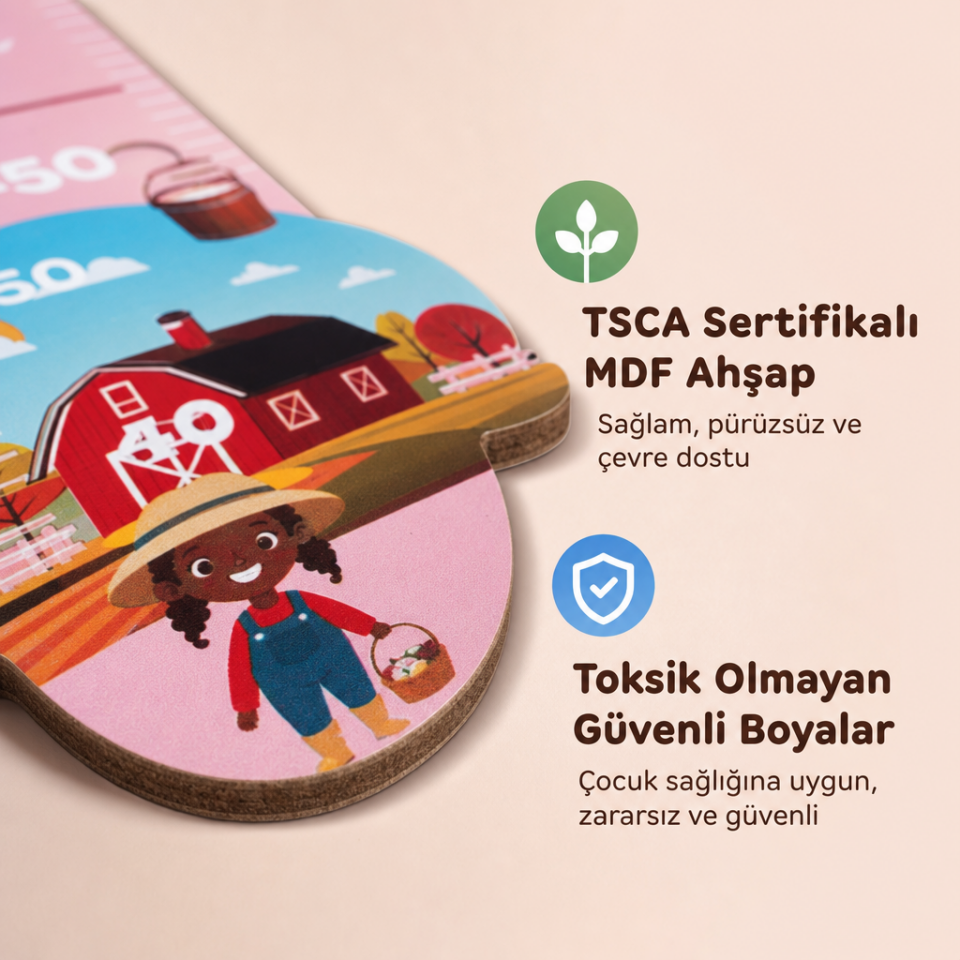 Ahşap Çocuk Boy Ölçer - Pembe Çiftlik Temalı - Cm Ölçü