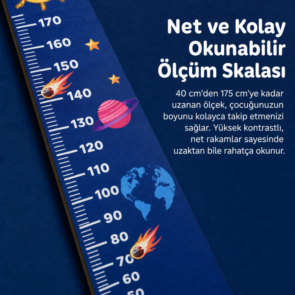 Ahşap Çocuk Boy Ölçer - Uzay Macerası Temalı - Cm Ölçü