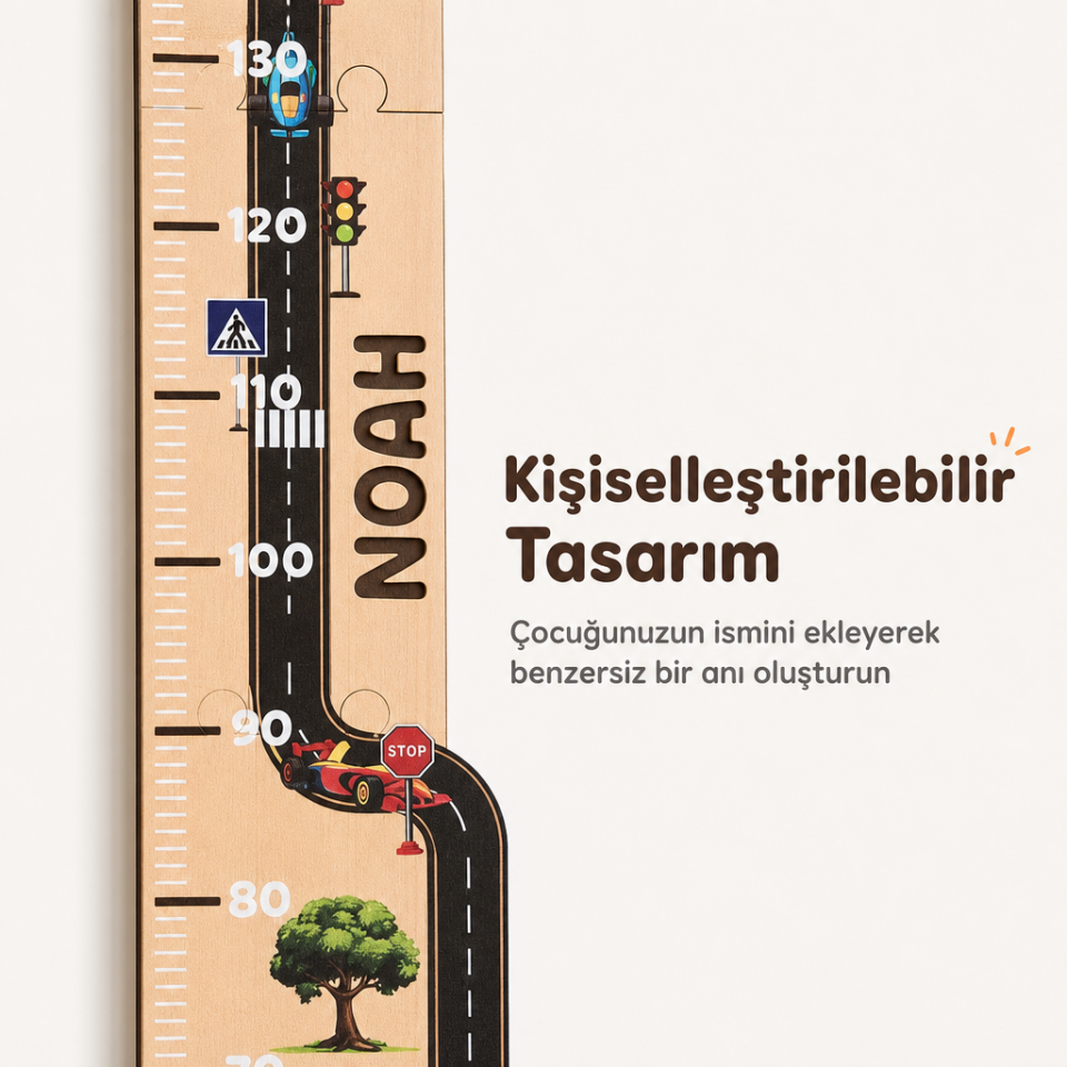 Kişiye İsimli Özel Ahşap Çocuk Boy Ölçer - Yarış Yolu Temalı - Cm Ölçü