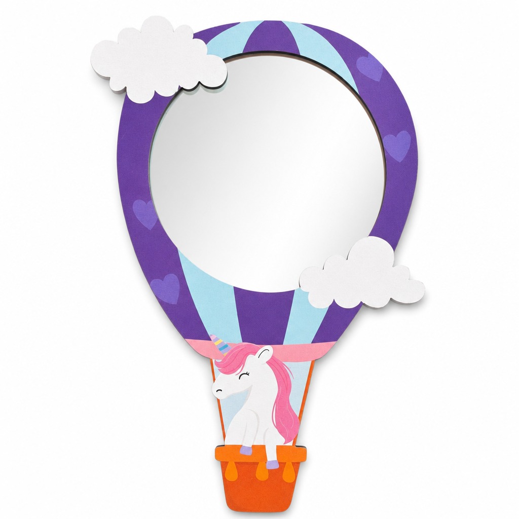 Uçan Unicorn Sıcak Hava Balonu Tasarımlı Çocuk Odası Dekoratif Duvar Aynası - 24 × 39 cm