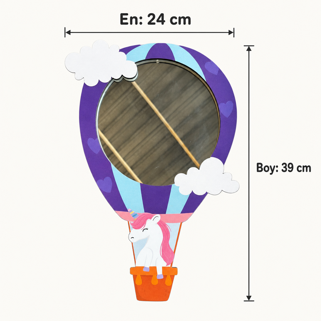 Uçan Unicorn Sıcak Hava Balonu Tasarımlı Çocuk Odası Dekoratif Duvar Aynası - 24 × 39 cm