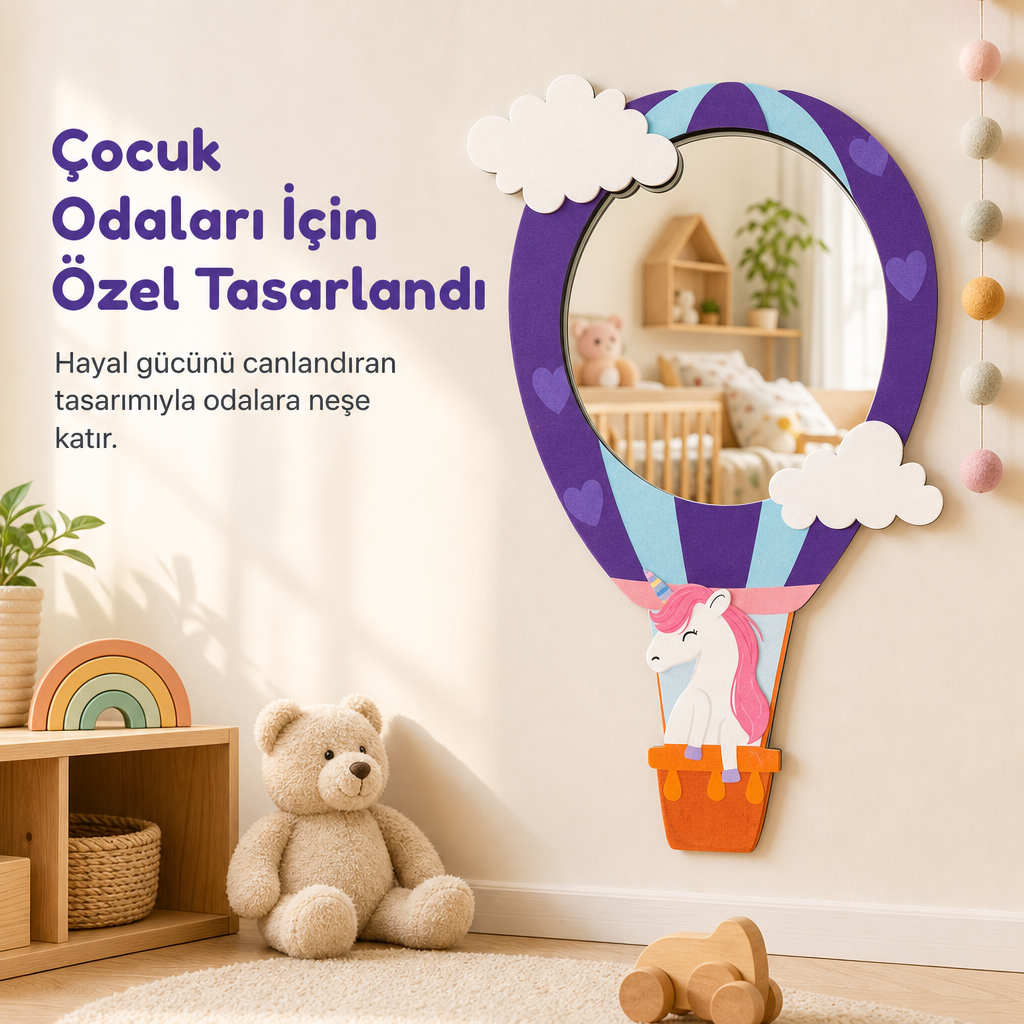 Uçan Unicorn Sıcak Hava Balonu Tasarımlı Çocuk Odası Dekoratif Duvar Aynası - 24 × 39 cm