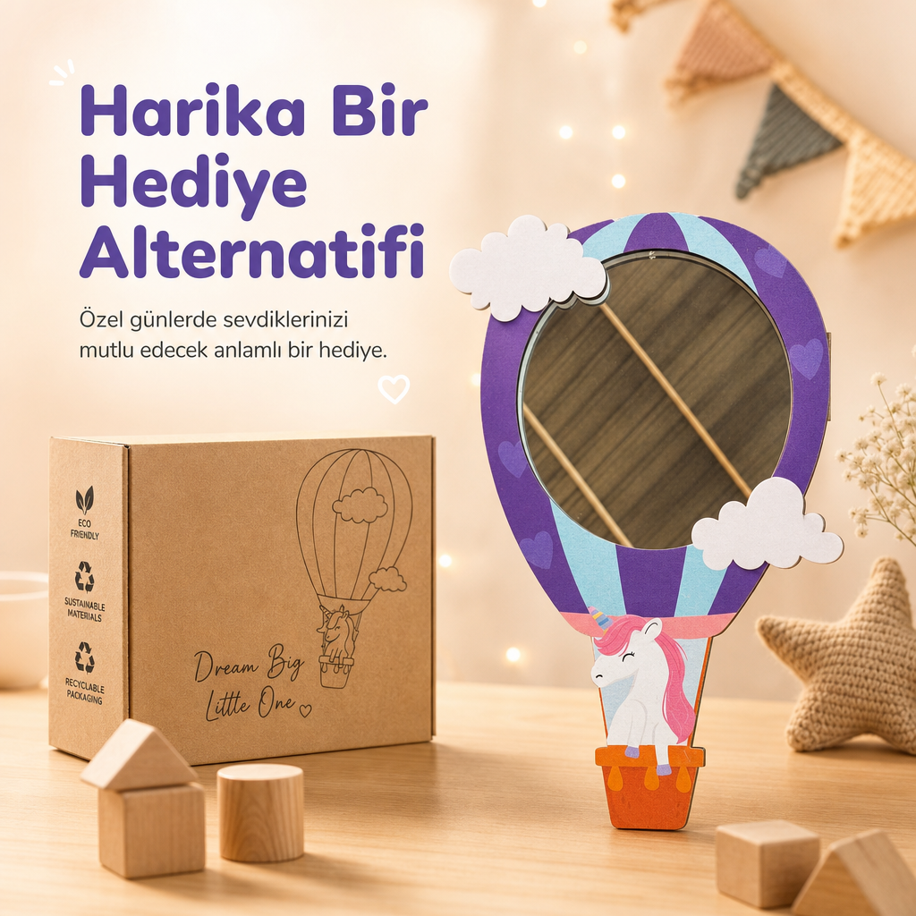 Uçan Unicorn Sıcak Hava Balonu Tasarımlı Çocuk Odası Dekoratif Duvar Aynası - 24 × 39 cm