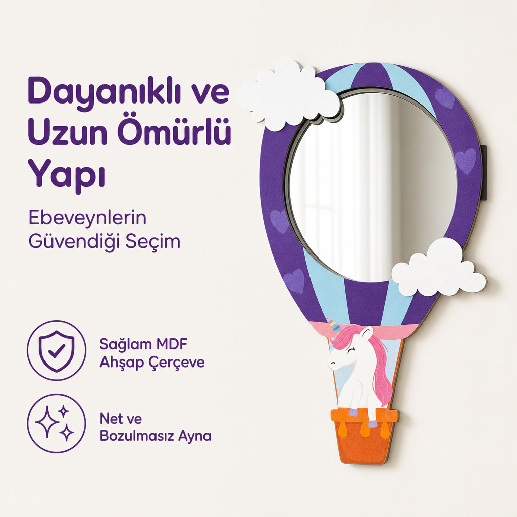 Uçan Unicorn Sıcak Hava Balonu Tasarımlı Çocuk Odası Dekoratif Duvar Aynası - 24 × 39 cm