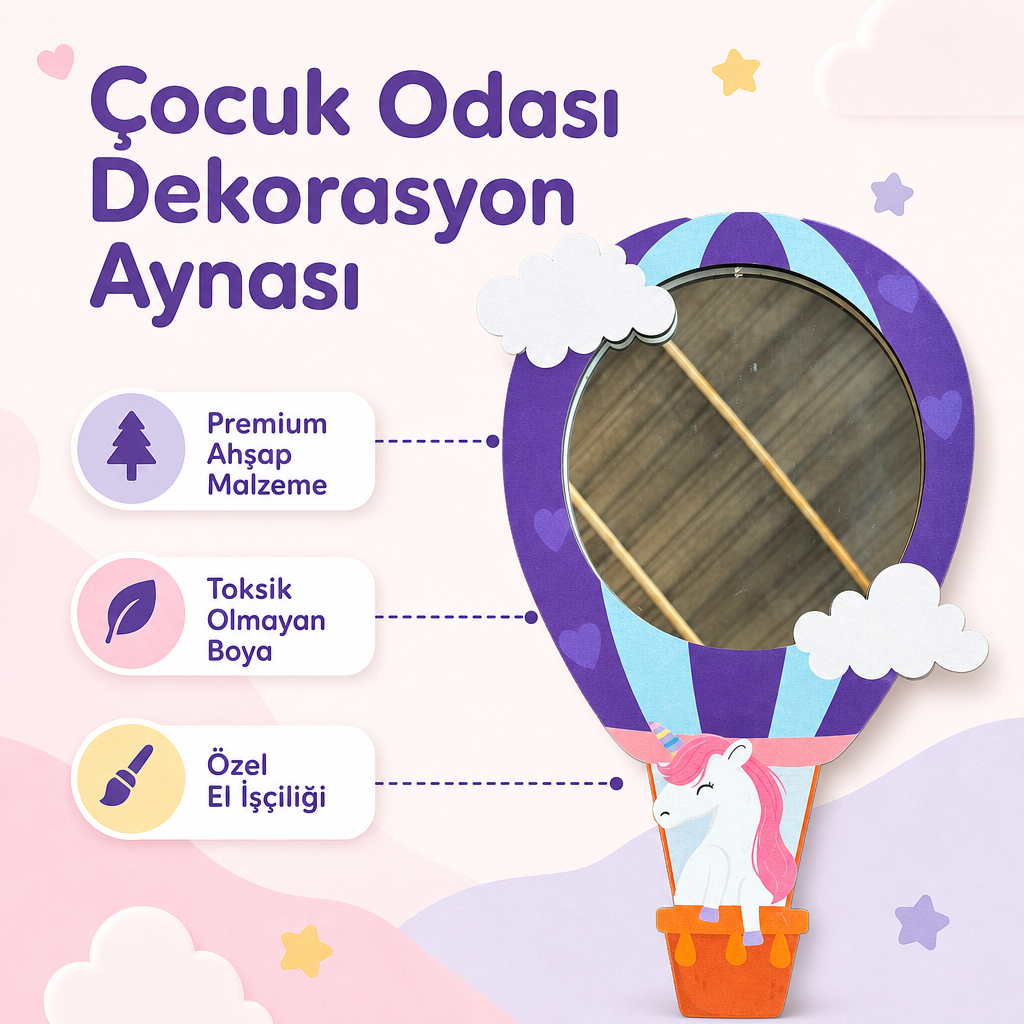 Uçan Unicorn Sıcak Hava Balonu Tasarımlı Çocuk Odası Dekoratif Duvar Aynası - 24 × 39 cm