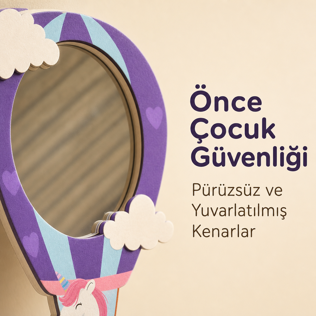 Uçan Unicorn Sıcak Hava Balonu Tasarımlı Çocuk Odası Dekoratif Duvar Aynası - 24 × 39 cm