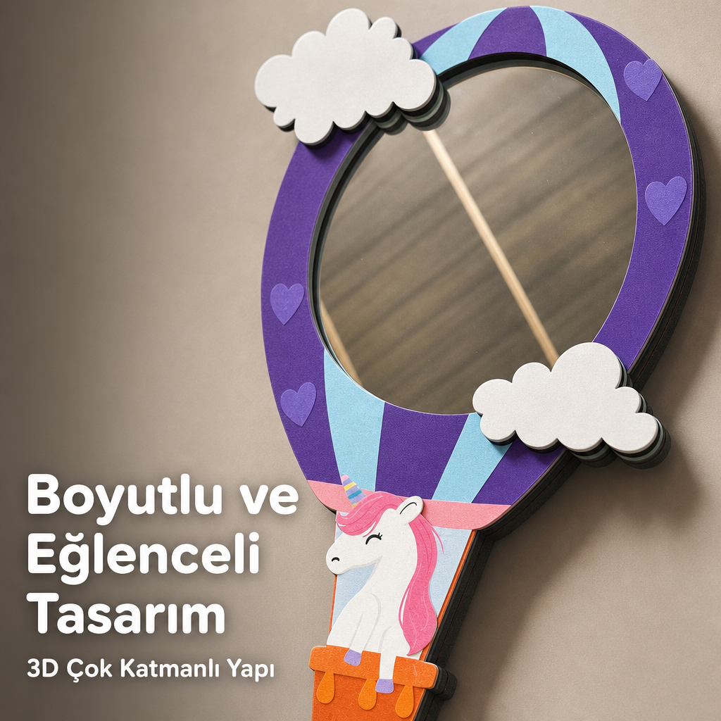Uçan Unicorn Sıcak Hava Balonu Tasarımlı Çocuk Odası Dekoratif Duvar Aynası - 24 × 39 cm