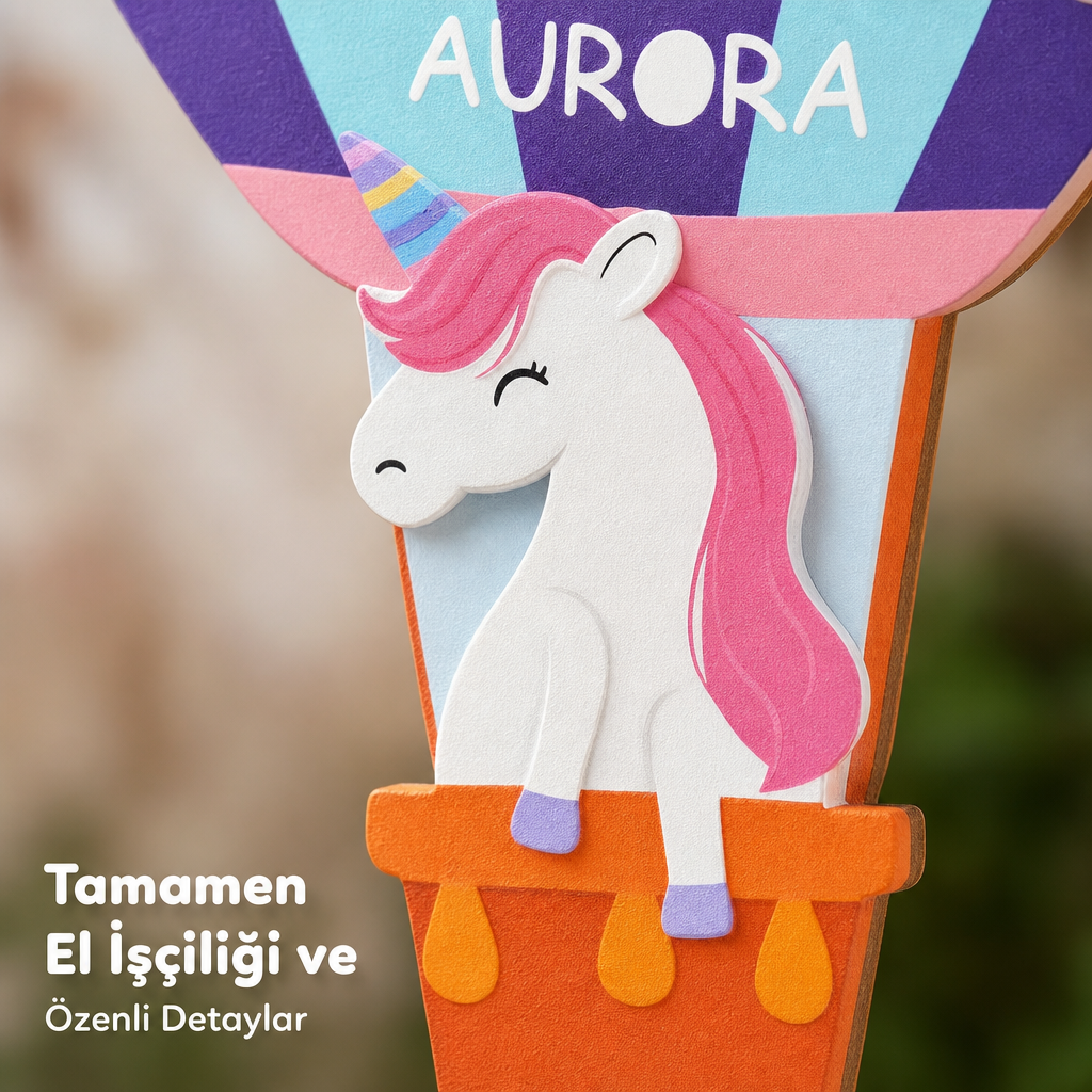 Kişiselleştirilebilir İsimli Ayna – Uçan Unicorn Sıcak Hava Balonu Figürlü Ahşap Duvar Süsü