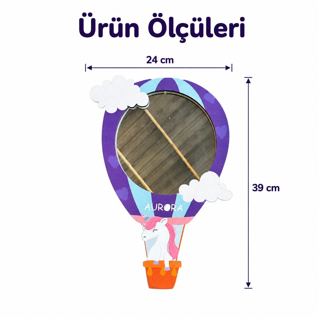 Kişiselleştirilebilir İsimli Ayna – Uçan Unicorn Sıcak Hava Balonu Figürlü Ahşap Duvar Süsü