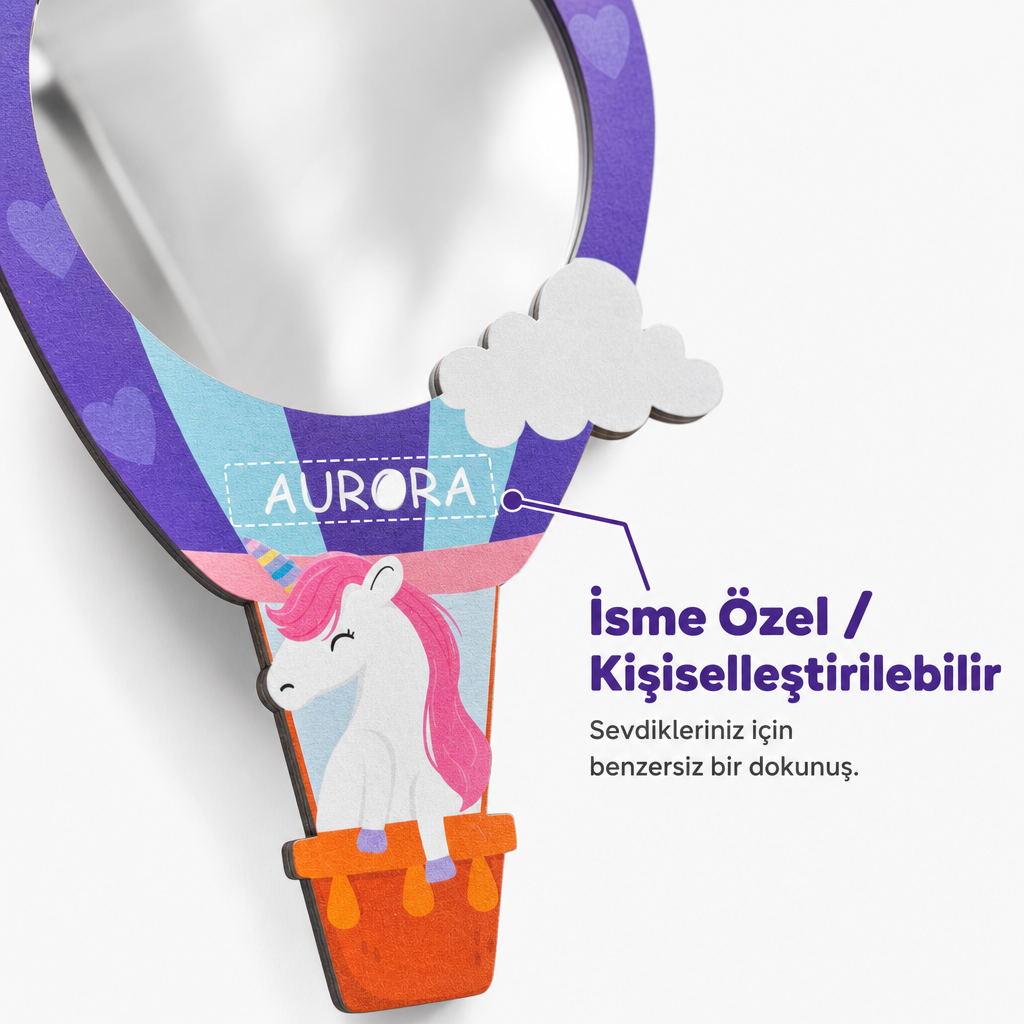 Kişiselleştirilebilir İsimli Ayna – Uçan Unicorn Sıcak Hava Balonu Figürlü Ahşap Duvar Süsü