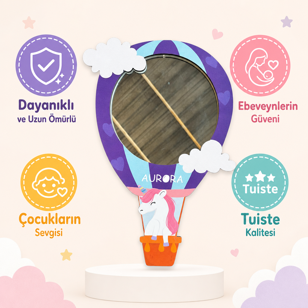 Kişiselleştirilebilir İsimli Ayna – Uçan Unicorn Sıcak Hava Balonu Figürlü Ahşap Duvar Süsü