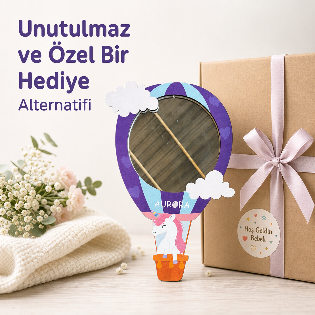 Kişiselleştirilebilir İsimli Ayna – Uçan Unicorn Sıcak Hava Balonu Figürlü Ahşap Duvar Süsü