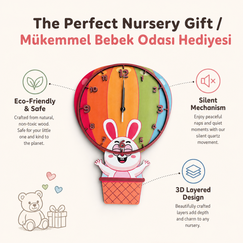 Ahşap Bebek ve Çocuk Odası Duvar Saati - Tavşan Balon Tema