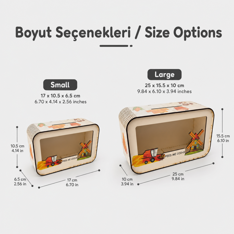 Ahşap Çocuk Kumbarası - Şeffaf Ön Panelli - Çiftlik Tema
